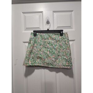 Lilly‎ Pulitzer Green Pink sailboat lighthouse Skirt Size 0 Ruffled trim Lined